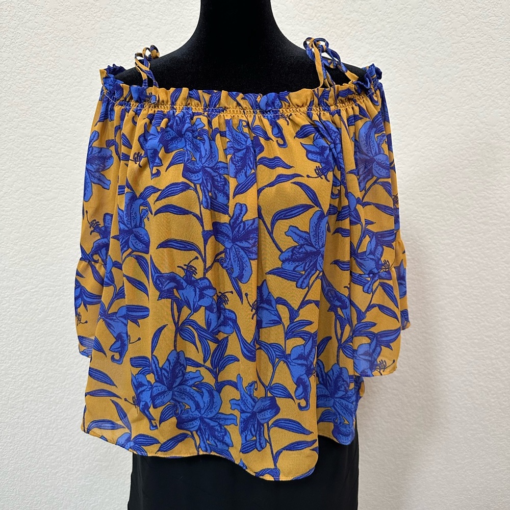 HM Conscious | Floral Off-the-Shoulder Top | Size 8 | Blue, goldenrod